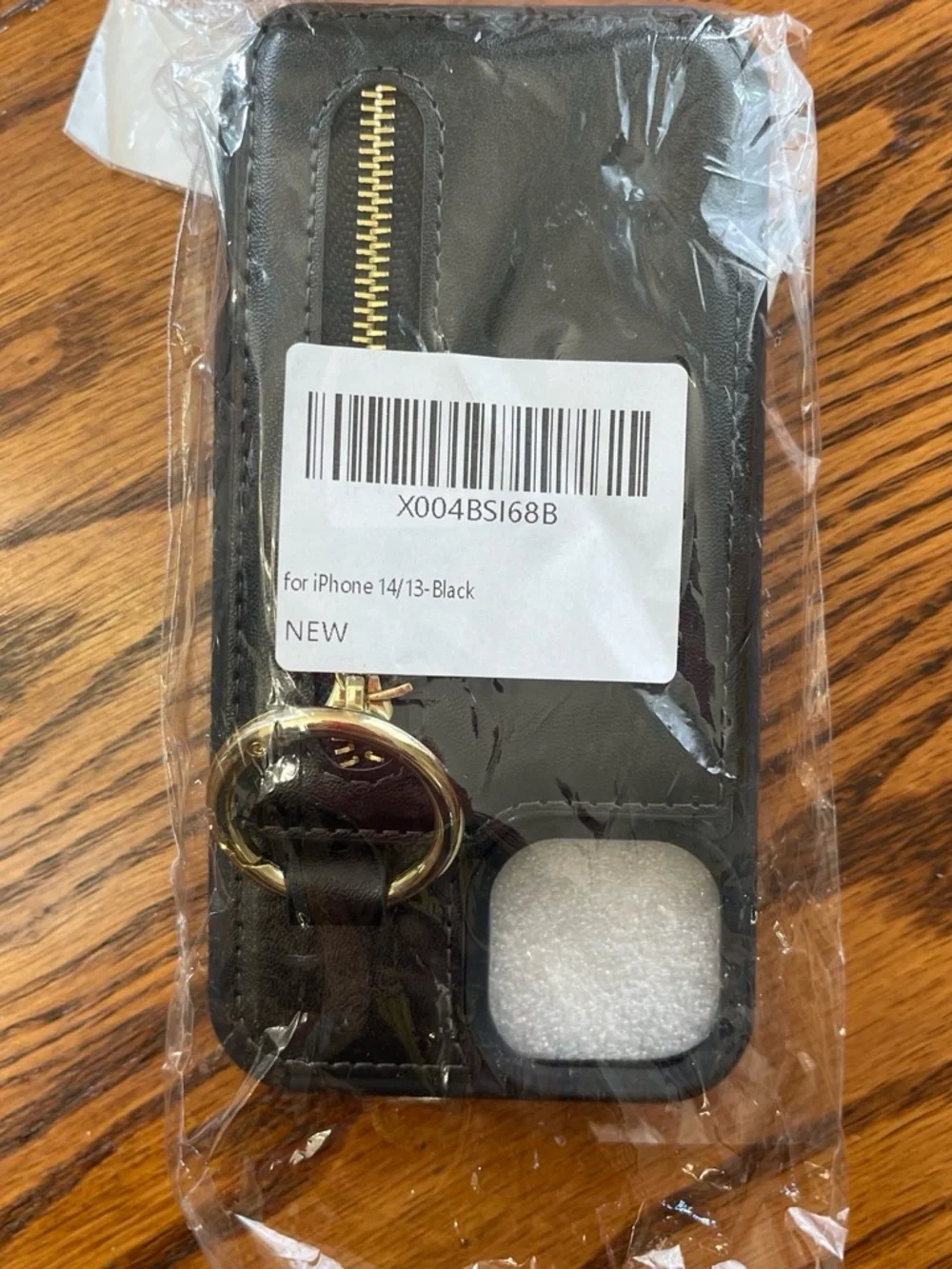 Black Leather Zipper Wallet Phone Case with Gold Ring for iPhone 13/14